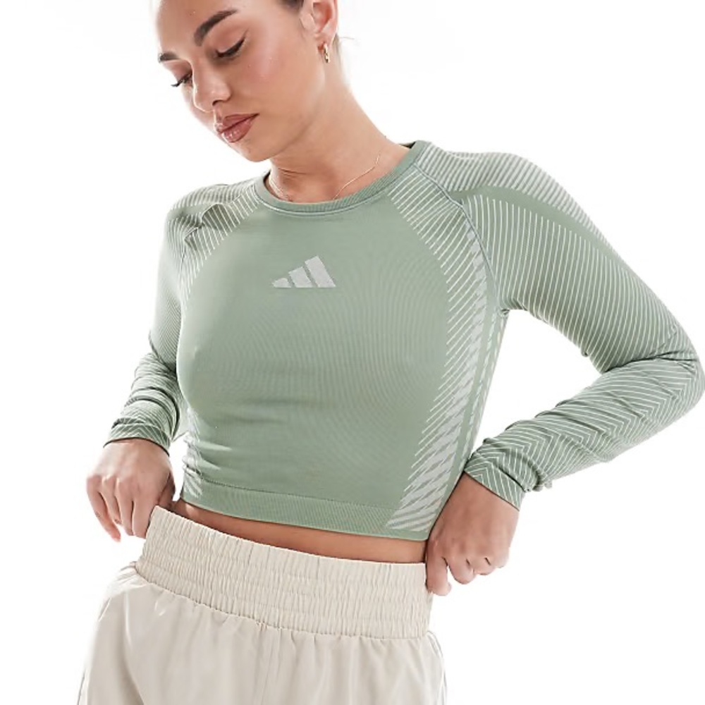 Adidas Training seamless long sleeve crop top in silver green